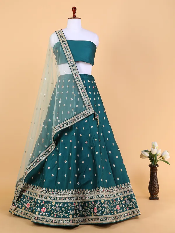 Peacock green silk unstitched lehenga choli