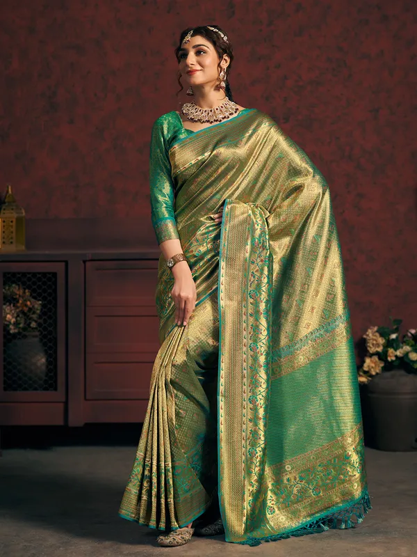 Peacock green silk zari weaving saree