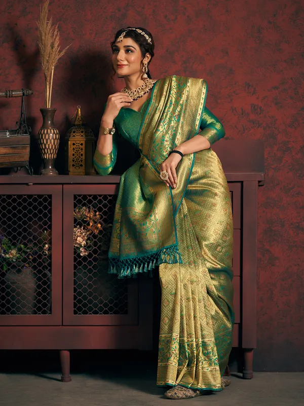 Peacock green silk zari weaving saree