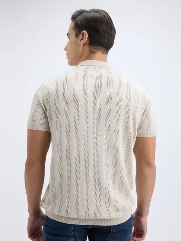 PEPE beige striped cotton slim fit zipper polo t-shirt