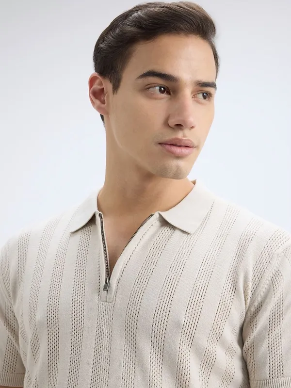PEPE beige striped cotton slim fit zipper polo t-shirt