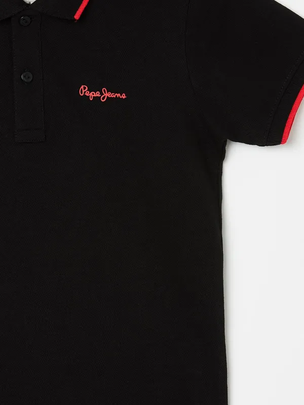 PEPE black plain cotoh t-shirt with polo neck