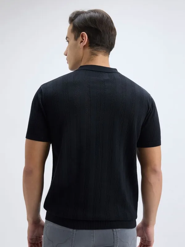 PEPE black striped cotton slim fit zipper polo t-shirt