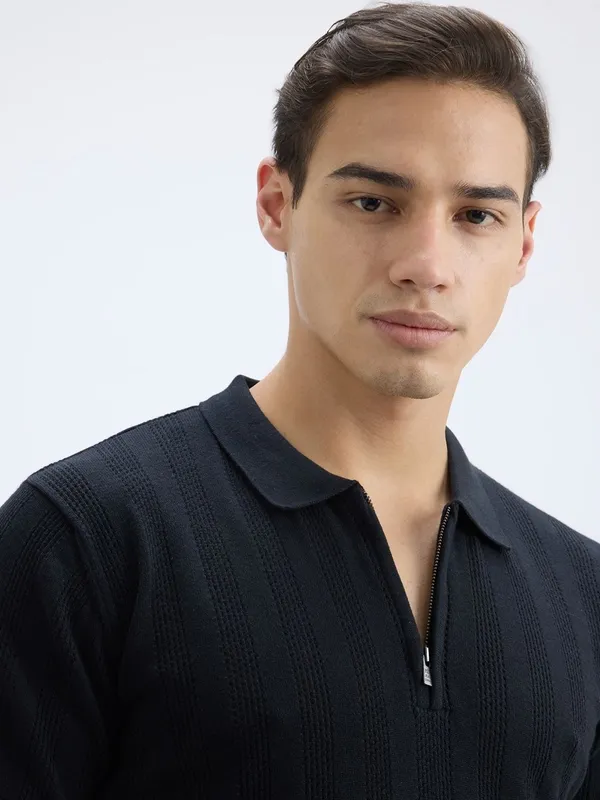 PEPE black striped cotton slim fit zipper polo t-shirt