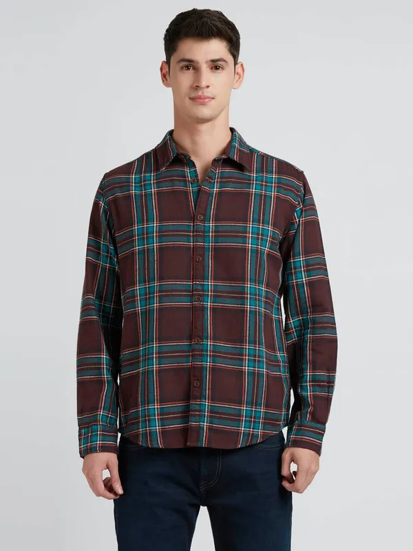PEPE brown checks cotton shirt for men