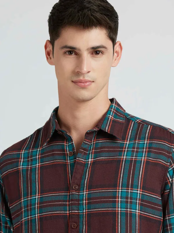 PEPE brown checks cotton shirt for men