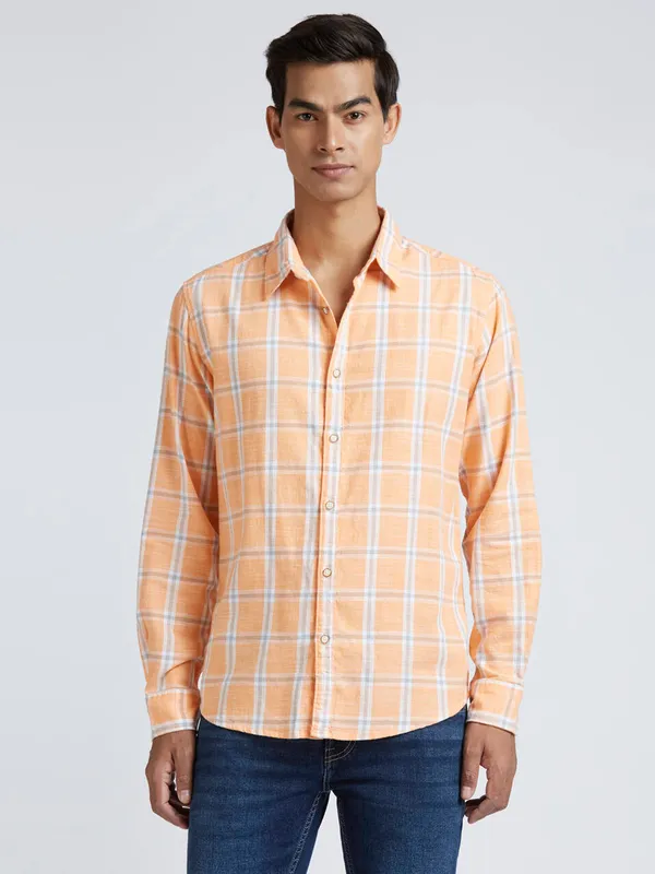 PEPE checks peach cotton shirt for men