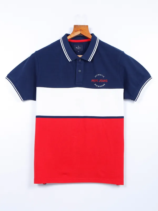 Pepe Jeans cotton navy and red collar neck t shirt