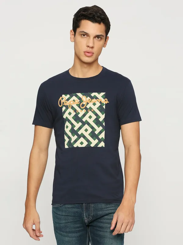 Pepe Jeans cotton slim fit printed navy t shirt