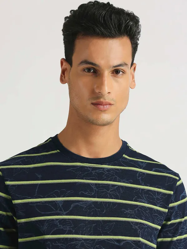 PEPE JEANS indigo blue tropical print stripe t-shirt