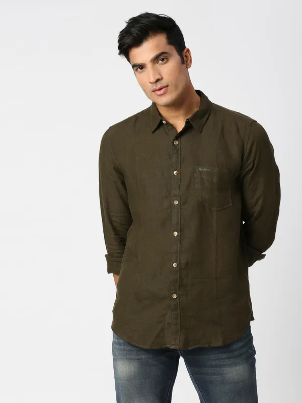 Pepe Jeans military green linen plain shirt