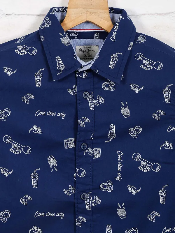 Pepe jeans navy printed casual cotton shirt