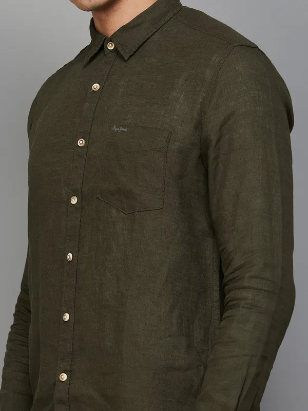 Pepe Jeans olive plain linen shirt