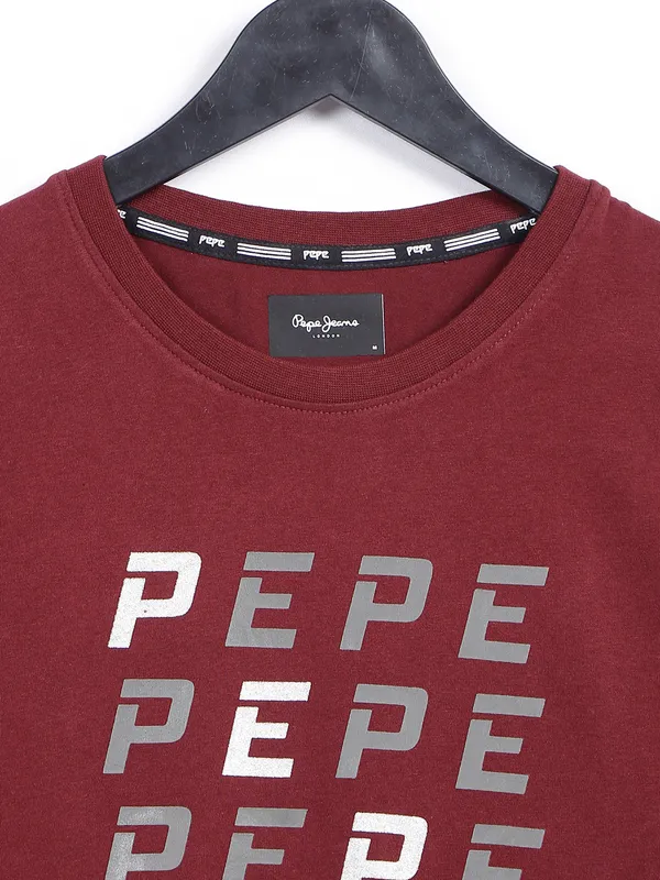 Pepe Jeans printed cotton maroon t shirt