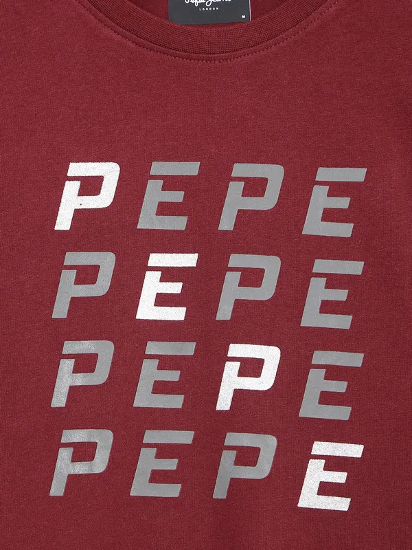 Pepe Jeans printed cotton maroon t shirt
