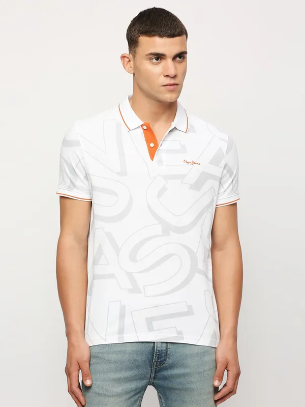 Pepe Jeans printed polo neck white t shirt