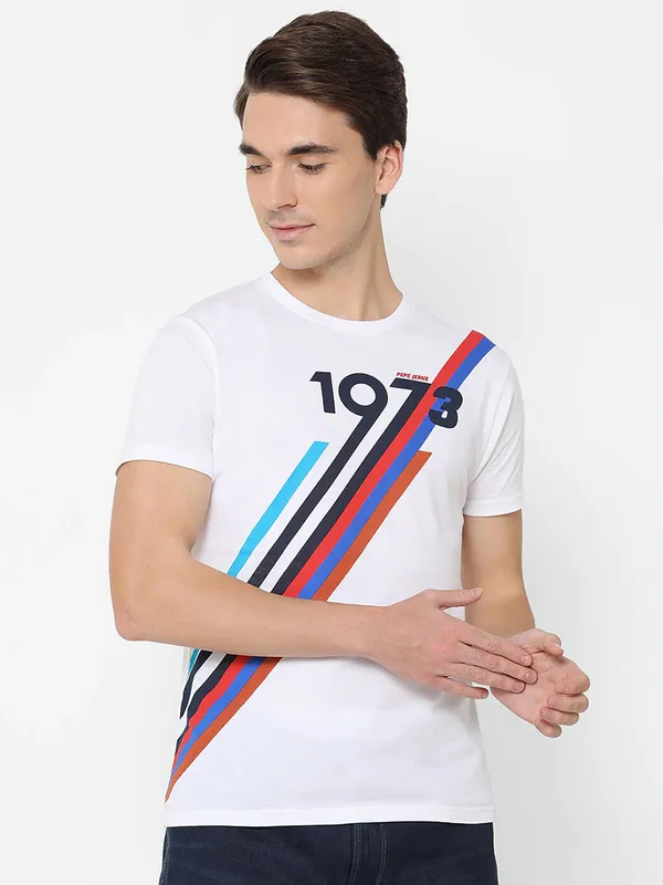 Pepe Jeans white cotton silm fit men printed t-shirt