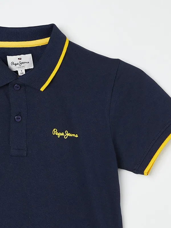 PEPE plain navy cotton t-shirt  with polo neck