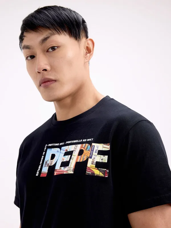 PEPE printed black slim fit cotton t-shirt for men