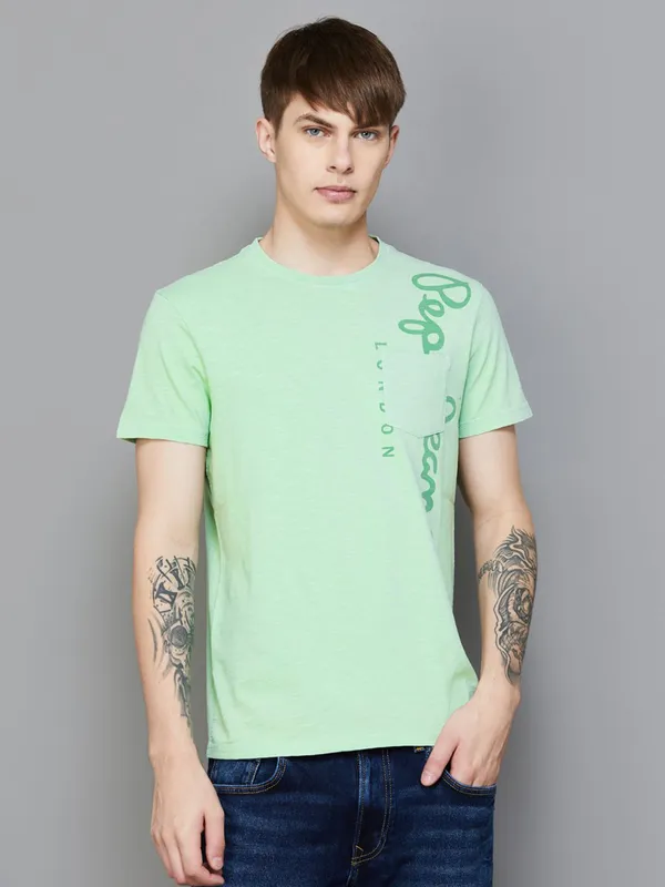 PEPE printed light green cotton slim fit t-shirt