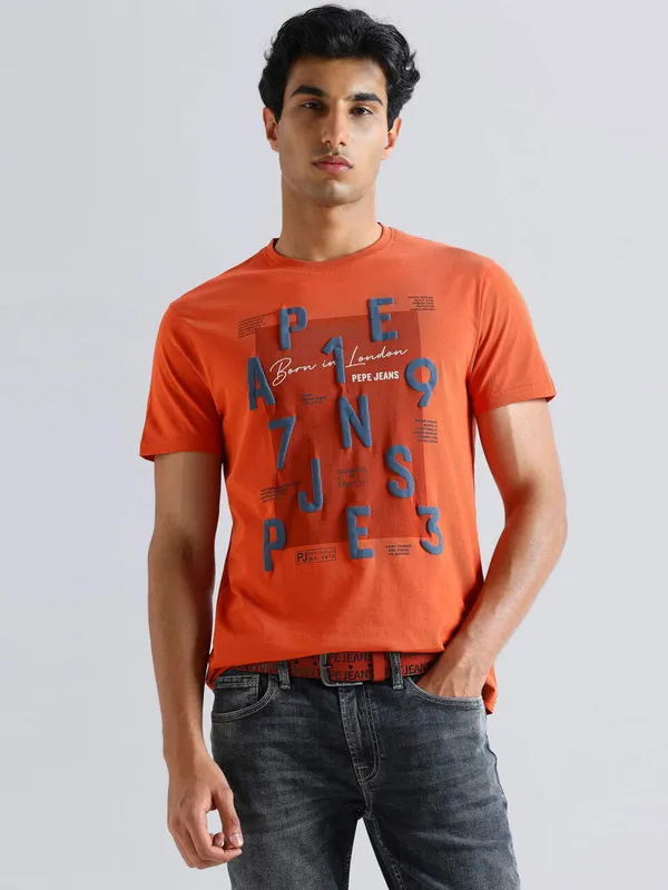 PEPE printed orange cotton slim fit t-shirt