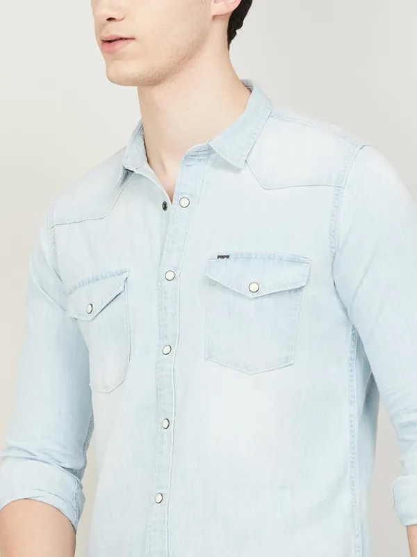 PEPE sky blue plain shirt  in denim fabric