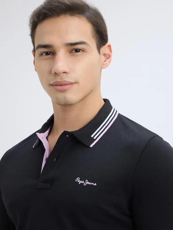 PEPE solid black slim fit polo neck t-shirt for men