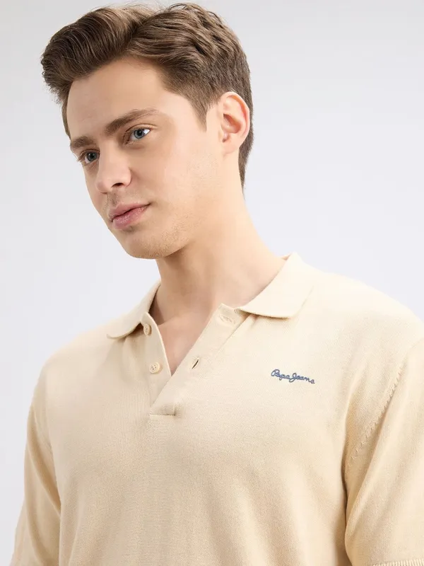 PEPE solid fawn cotton slim fit polo t-shirt