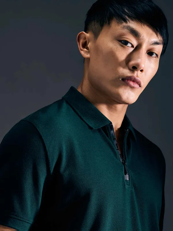 PEPE solid green cotton zipper polo t-shirt for men