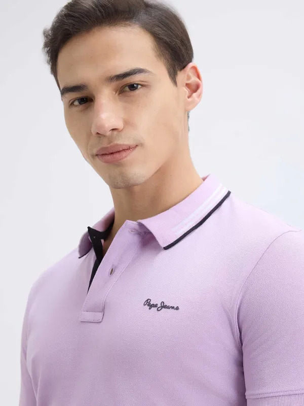 PEPE solid purple cotton slim fit polo t-shirt for men