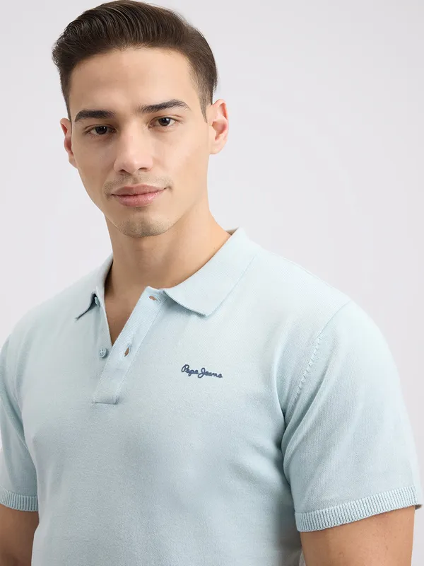 PEPE solid sky blue cotton slim fit t-shirt for men