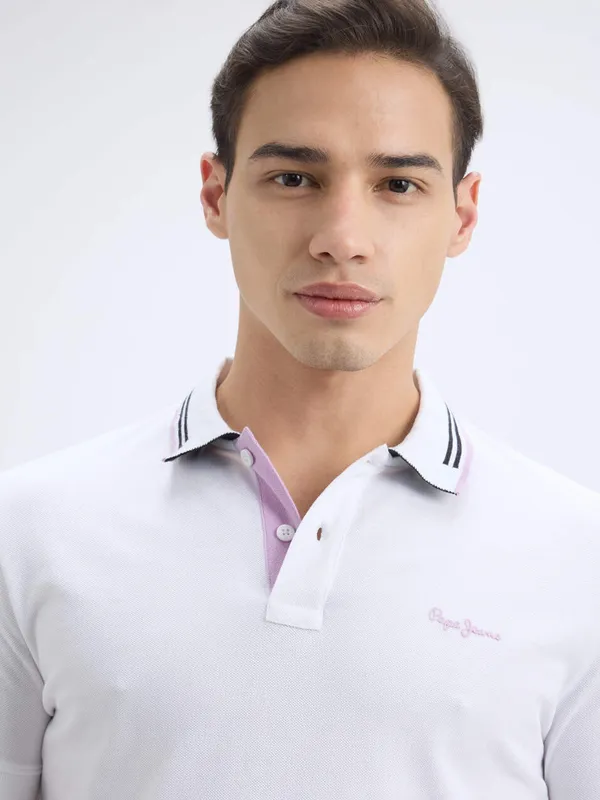PEPE solid white cotton slim fit polo t-shirt for men