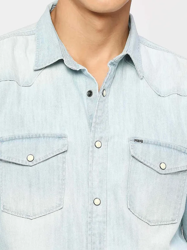PEPE washed ice blue casual denim shirt