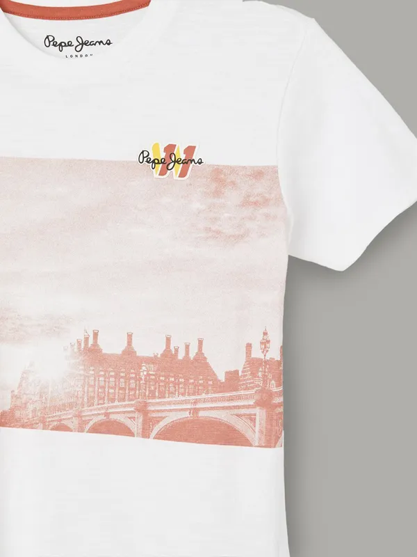 PEPE white printed cotton t-shirt with half sleeves