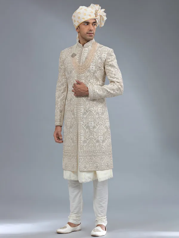 Peshwai cream raw silk sherwani for groom