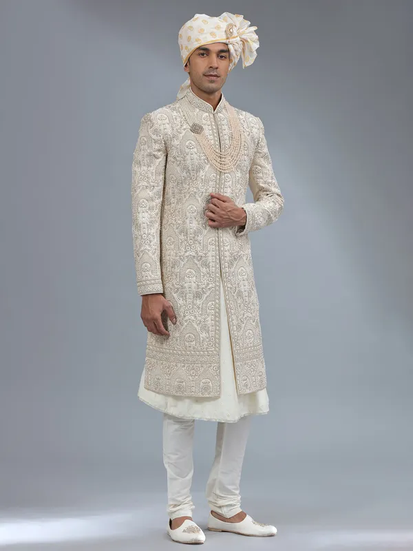 Peshwai cream raw silk sherwani for groom