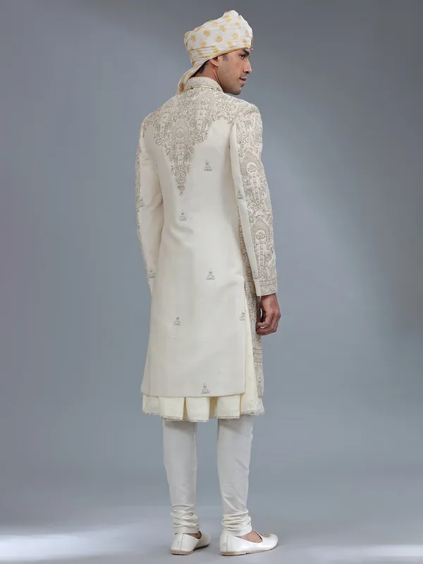Peshwai cream raw silk sherwani for groom