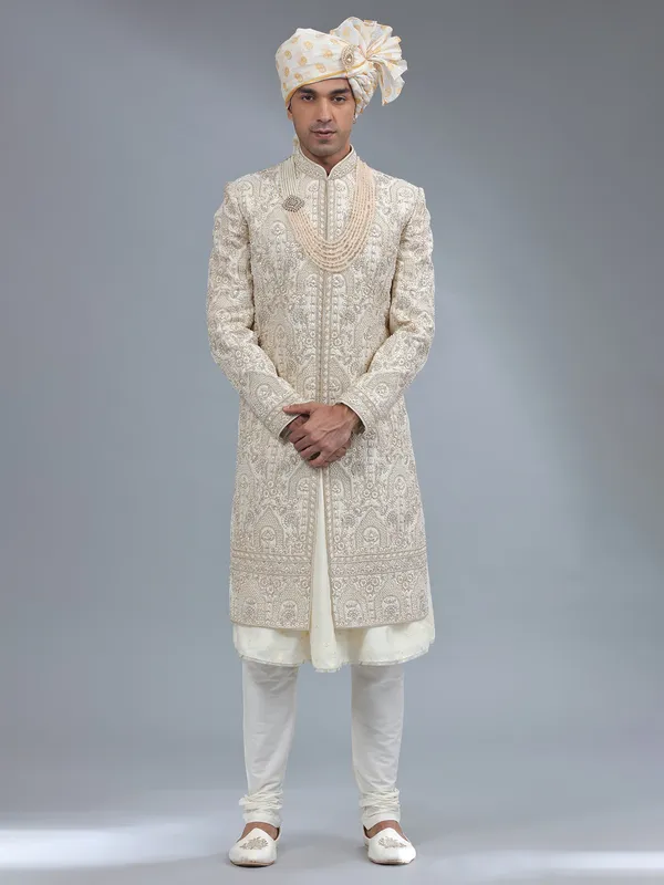 Peshwai cream raw silk sherwani for groom