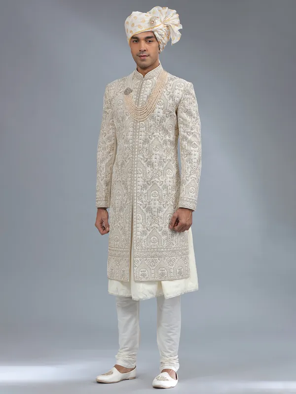 Peshwai cream raw silk sherwani for groom