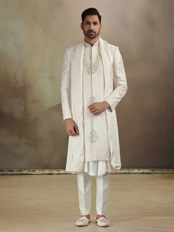 Peshwai style cream banarasi silk sherwani with dupatta