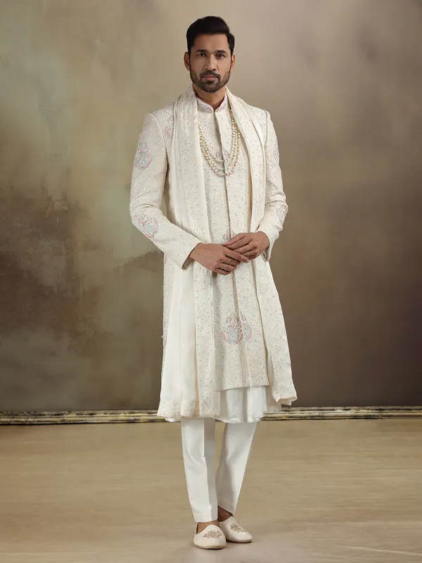 Peshwai style cream banarasi silk sherwani with dupatta