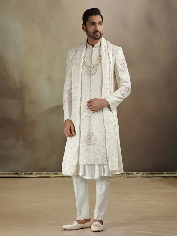 Peshwai style cream banarasi silk sherwani with dupatta