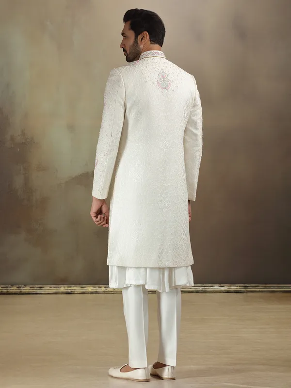 Peshwai style cream banarasi silk sherwani with dupatta