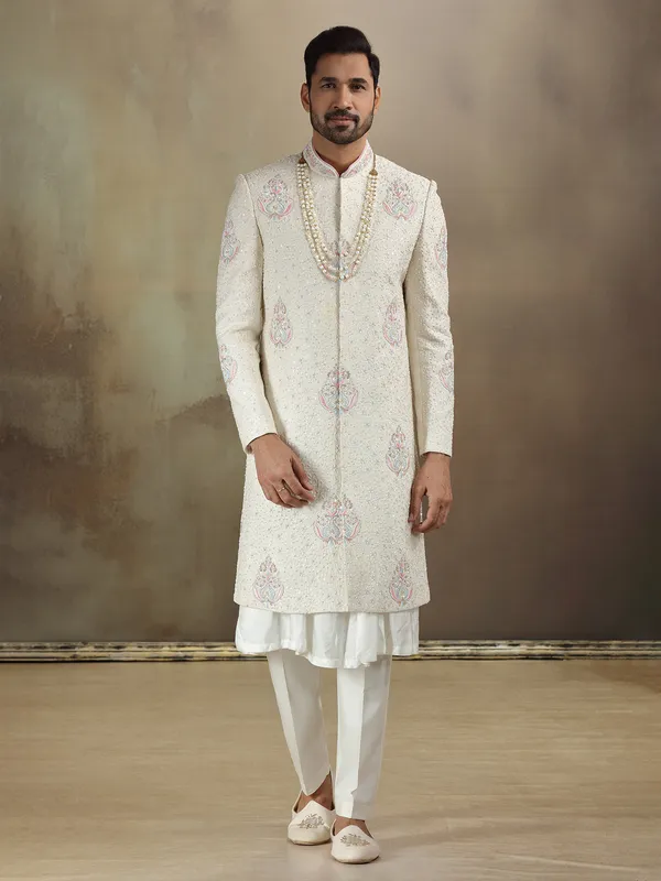 Peshwai style cream banarasi silk sherwani with dupatta