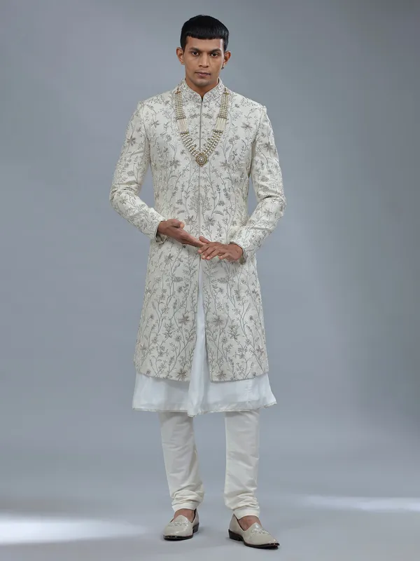 Peshwai style off white raw silk shewani for groom