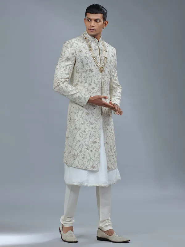 Peshwai style off white raw silk shewani for groom