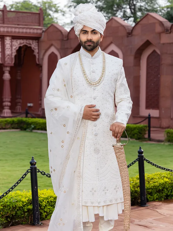 Peshwai style raw silk white shewani for groom