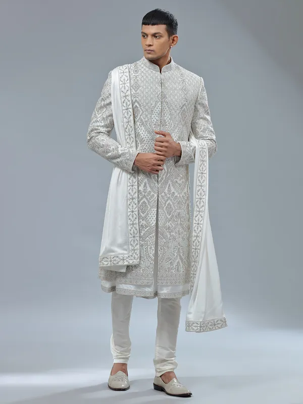Peshwai style white shrwani with dupatta