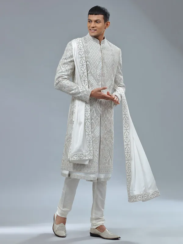Peshwai style white shrwani with dupatta