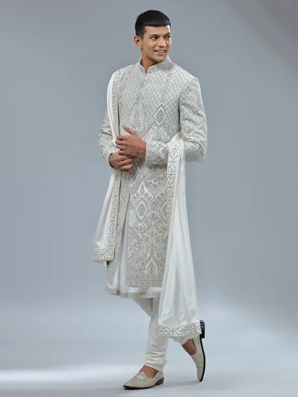 Peshwai style white shrwani with dupatta